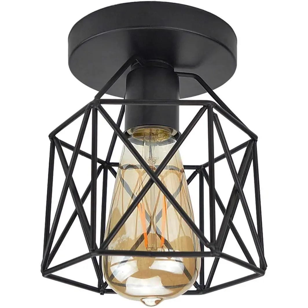 E26-E27 Retro Black Industrial Ceiling Lamp, Vintage Flush Mount Metal Rustic Light Fixture with Ambient Glow, Hardwired Easy-Install for Porch, Farmhouse (Includes Screws)