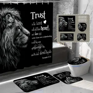 4Pcs Lion Shower Curtain Set, Bathroom Decor Set with Motivational Text, Waterproof Shower Curtain, Bath Mat, U-shaped Mat, Toilet Seat Mat Lord Faith