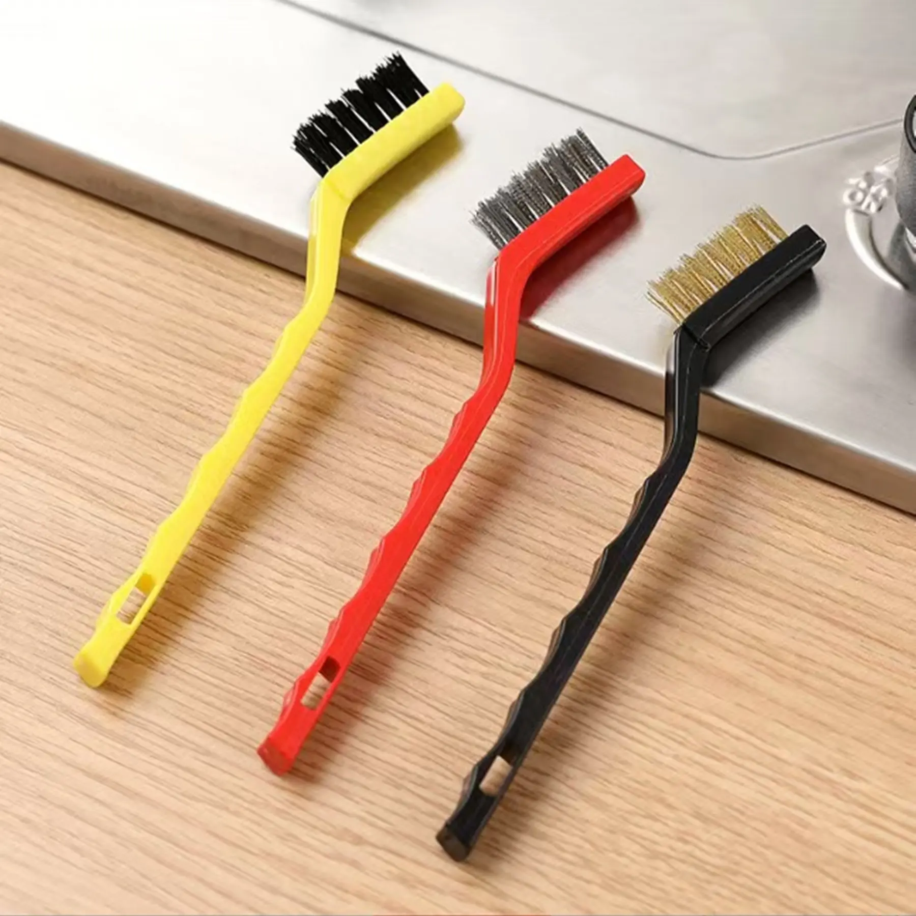 3pcs Cleaning Tool Kitchen Stove Cleaning Brush, Brass, Stainless Steel and Nylon Brush Head Brushes for Range Hood Grease Grime, Heavy Duty Scraper for Gas Burners Cooktop Pot Pan