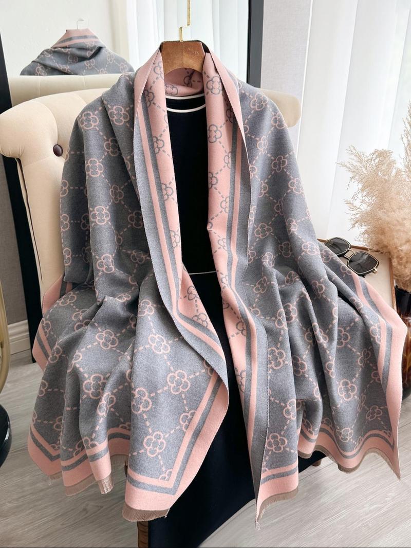Boho Style All Over Pattern Tassel Decor Shawl, Casual Soft Warm Contrast Binding Blanket Scarf for Fall & Winter, Fashion Floral Print Scarf for Women & Men, Gifts for Her, Gifts for Wife