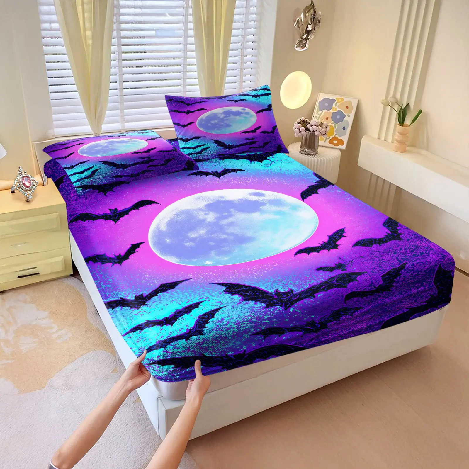 3Pcs Gothic Neon Halloween Fitted Sheet Set | Breathable, Machine Washable, No Fade, All Season Use for Bedroom Dorm Hotel