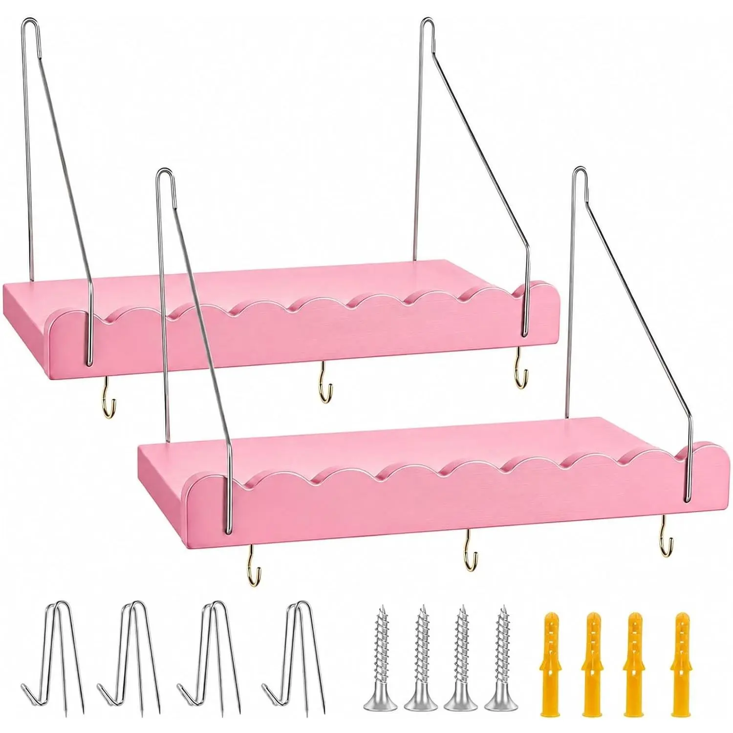 2 Pack Pink Office Cubicle Shelves for Fabric Walls with 6 Gold Hooks | 11.81 x 5.91 in wooden hanging organizers for fabric panels; no-drill setup, wave-edge guard, 3 lb capacity per shelf