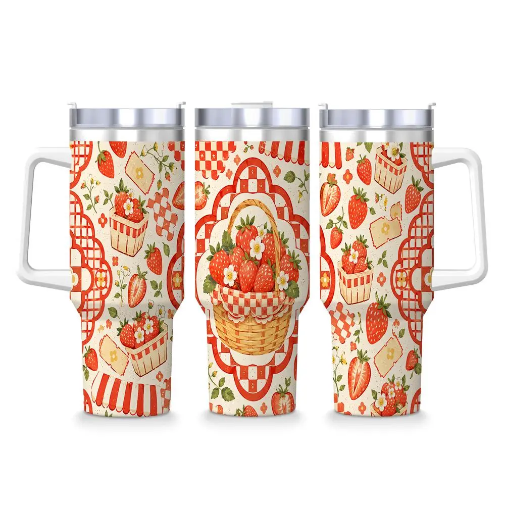 40 oz 304 Stainless Steel Insulated Tumbler with Handle and Lid, Strawberry Picnic Print Travel Cup