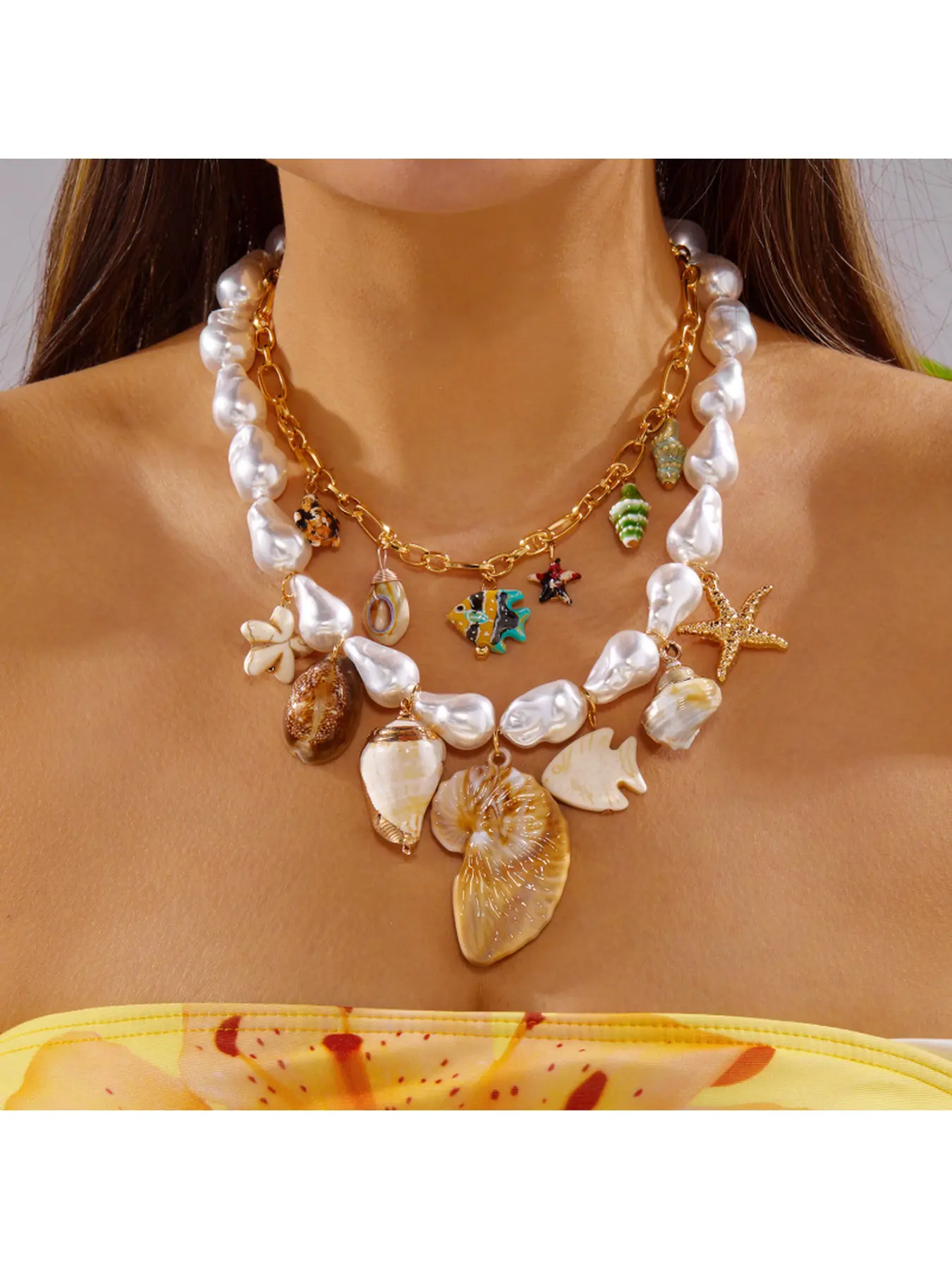 Bohemian Beach Starfish Coral Chip Layered Necklace Set, Colorful Irregular Stone Stack Necklaces, Exaggerated Niche Ocean Jewelry, Beachy Jewelry for Summer Holiday Outfits
