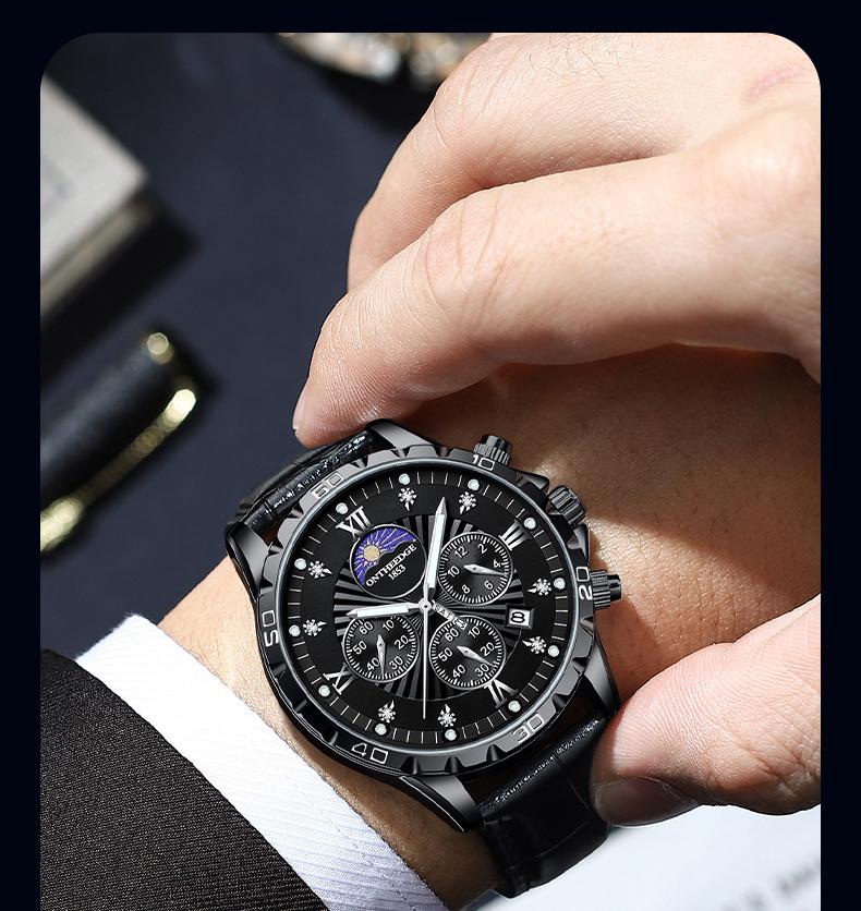 Men's Luxury Moon Phase Quartz Watch - Stainless Steel Wristwatch with Date, Chronograph Subdials, Diamond Markers, Luminous Hands, Classic Business Dress Watch for Men, Perfect Gift for Husband Dad