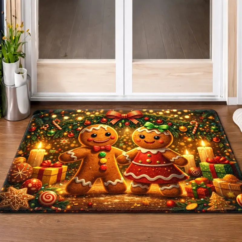 Flannel Floor Mat, Christmas Gingerbread Man Theme Floor Mat, Durable, Stain-Resistant, Machine Washable Doormat, Suitable for Living Room, Bedroom, Office, Bathroom, Balcony, Corridor, Porch, Kitchen, Outdoor Entrance, Holiday Decorative Carpet
