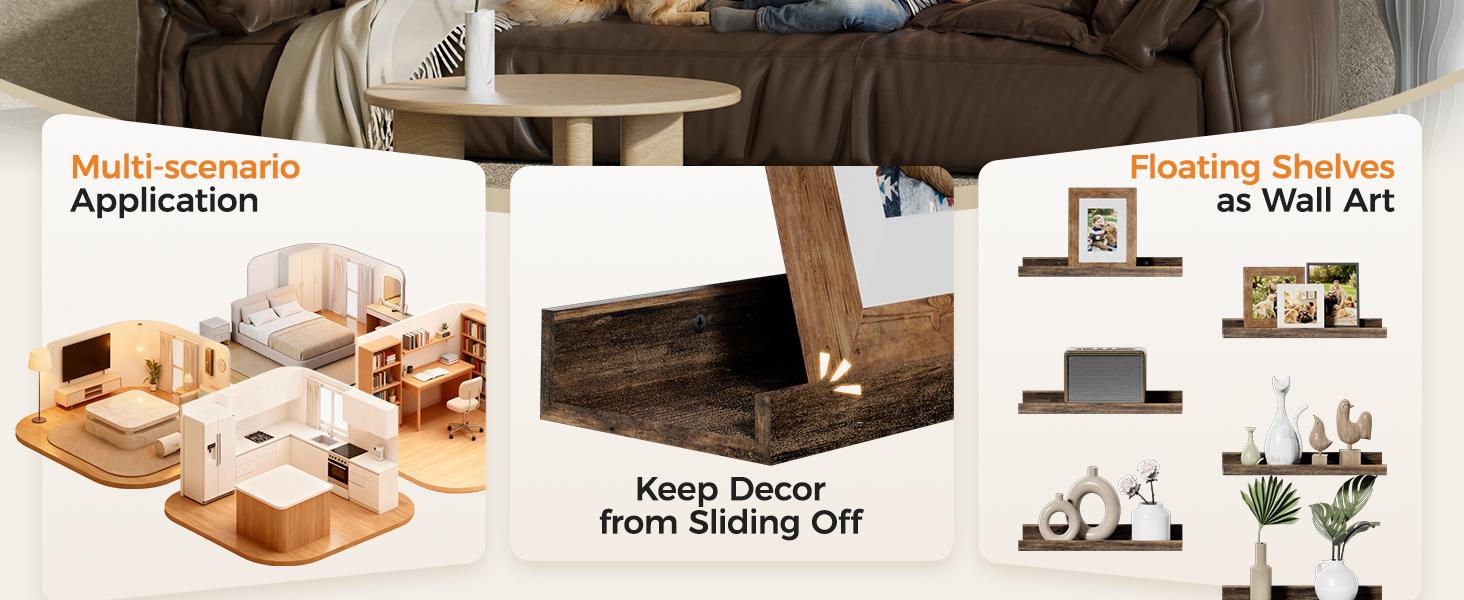 Floating Shelves for Wall, Wall Shelves for Decor Storage Set of 6, Wall Mounted Wood Shelf for Bedroom, Living Room, Bathroom, Kitchen, Picture Ledge Shelf, Brown