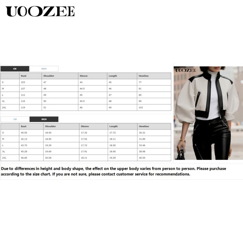 UOOZEE Women's New Fashion Autumn Winter Casual Fit Contrast Color PU Leather with Pockets Stand Collar Y2K Jackets, Puff Sleeves Patchwork Zipper Cropped Short Outerwears Coats