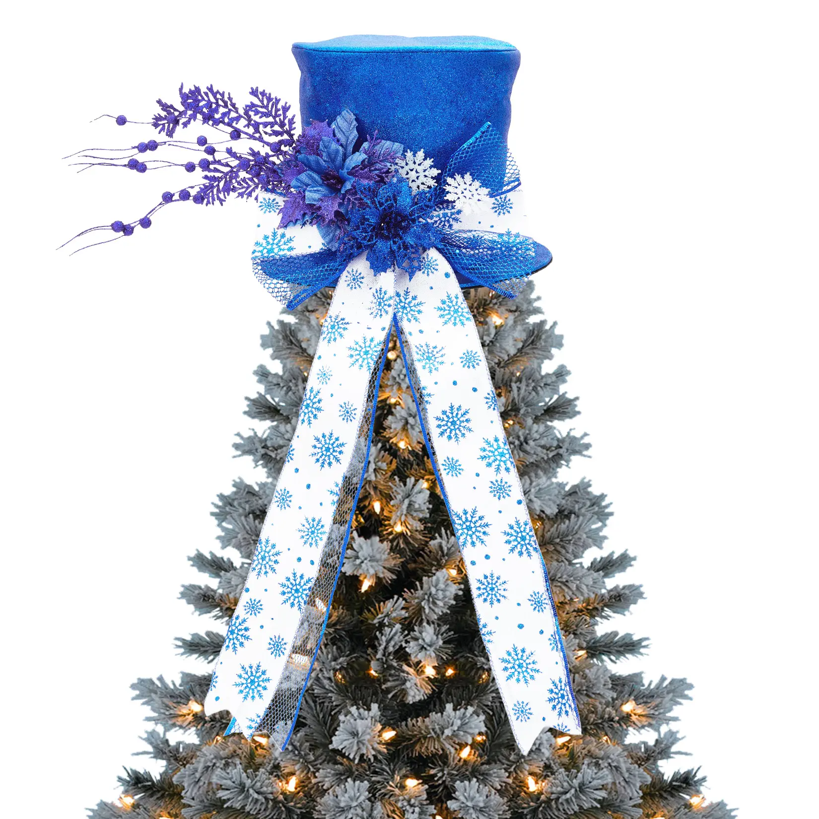 Luxury Glitter Christmas Tree Leader Bow – Sparkling Holiday Crown with Decorative Spruce Branch – Festive Snowman & Tabletop Décor