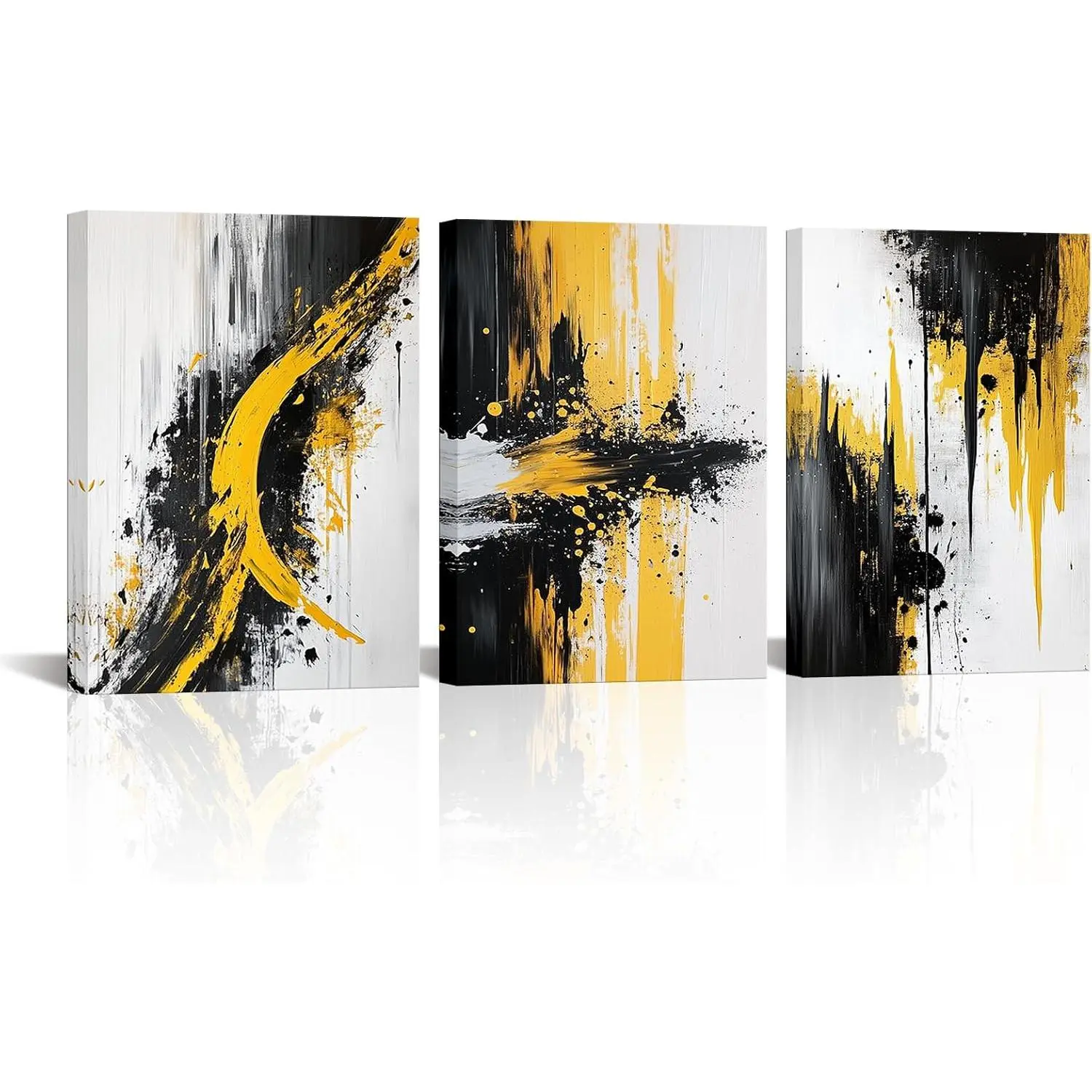 Kalormore 3 Pieces Abstract Yellow and Black Painting Prints Canvas Wall Art Modern Giclee Artwork 12"x16"x3pcs (Wrapped Canvas)