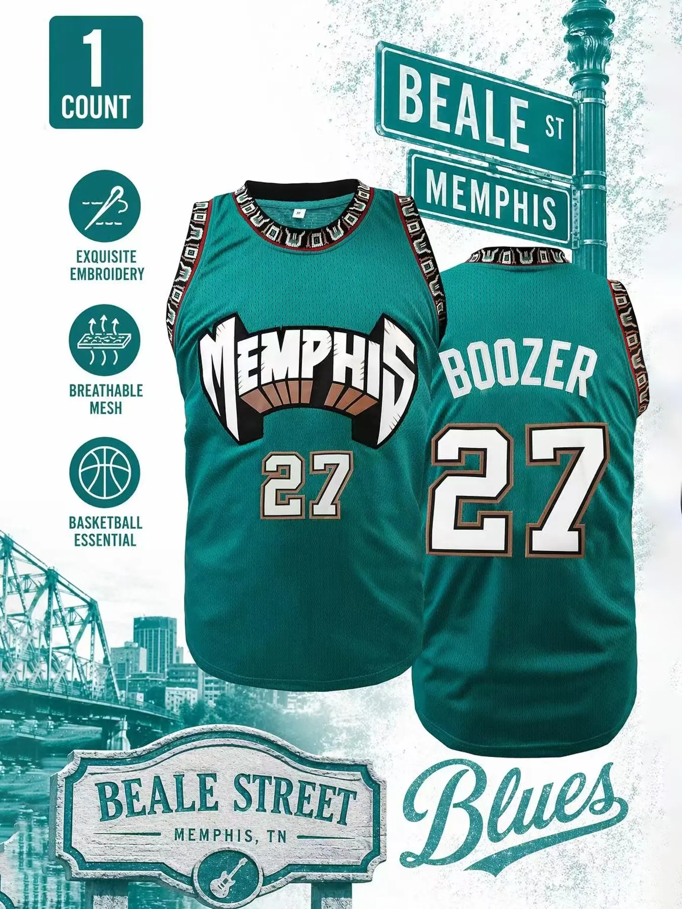 Men's Memphis #27 Retro Basketball Jersey, Classic Letter Embroidery Sportswear, Loose Breathable Comfort Sleeveless Vest, Unisex for Outdoor Activities