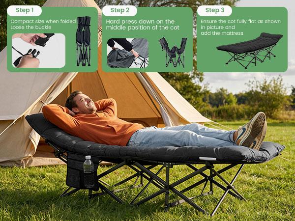 Folding Camping Cot with Mattress, Heavy Duty Sleeping Bed with 500lb Capacity & 25mm Steel Frame, Portable Travel Cot with Carry Bag for Outdoor, Guest Use