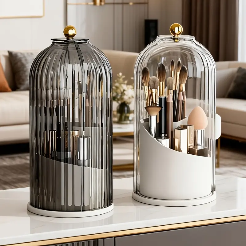 360-Degree Rotating Cosmetic Organizer Storage Box, Stylish High-Gloss ABS Plastic, High-Capacity Freestanding Solution, Suitable for Bedroom & Dressing Table, Ideal Holiday Gifts (Includes 3pcs: Black+White+Foldable Comb)