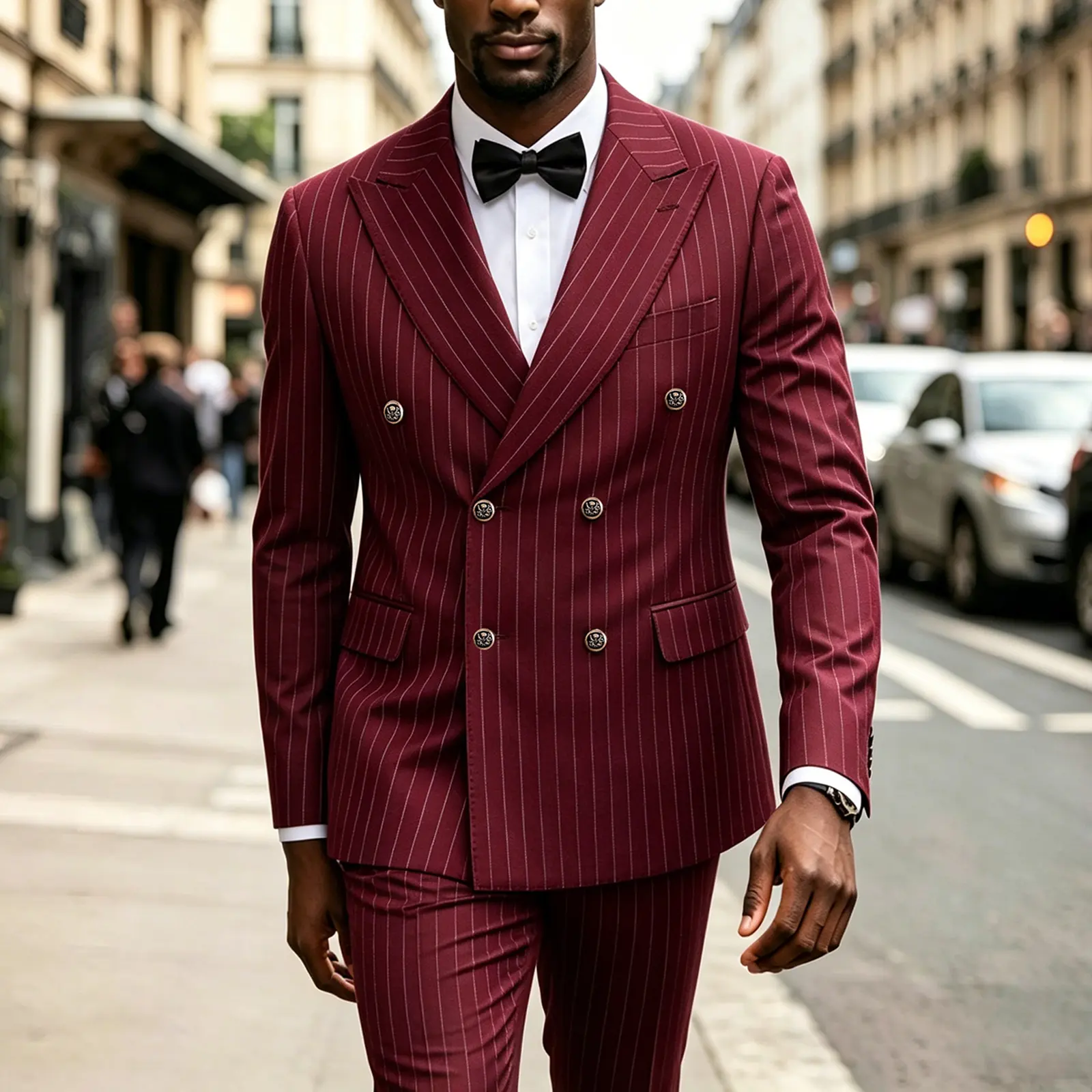 Men's Chic Striped Double-Breasted 2-Piece Suit - Polyester Basics with Buttons, Split Design for Instant Height Boost & Boss Vibes, Low Iron, Dry Cleaning, Hand Wash, Fitted, 2 Piece Men's Suits, All Seasons, Fabric, Notched