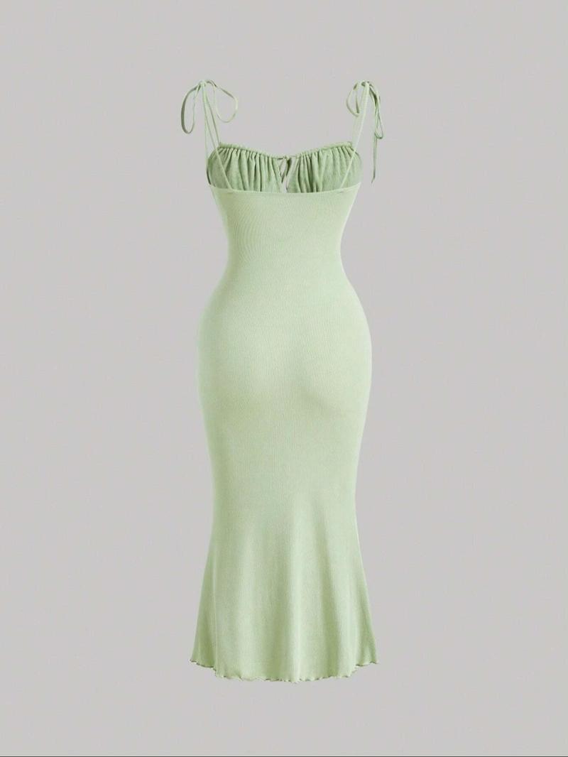 Women's Plain Ruched Lettuce Trim Tie Front Cami Dress, Casual Sleeveless Spaghetti Strap Tie Shoulder Long Bodycon Dress for Summer, Ladies Clothes for Beach Holiday