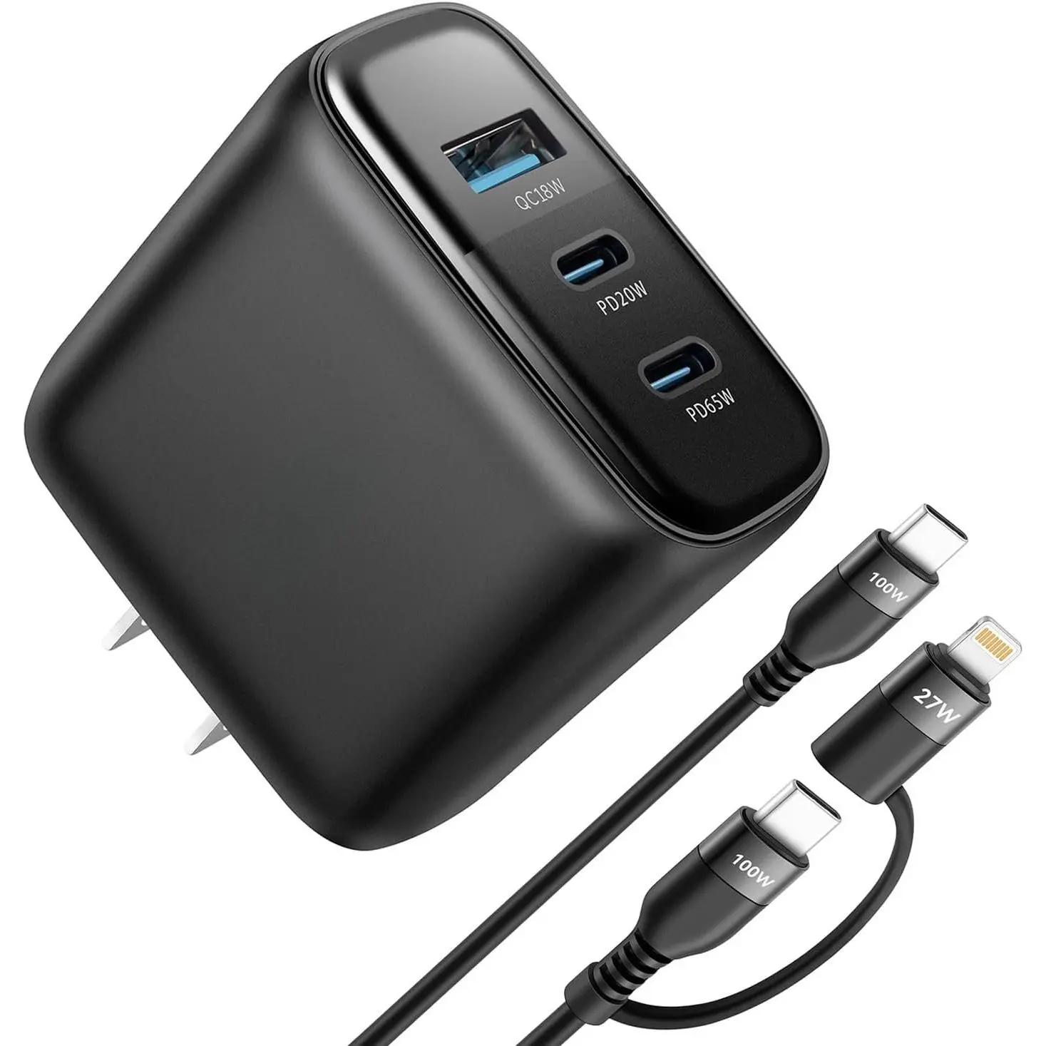 65W USB C Charger Block,GaN 3-Port Compact  PPS Type C Wall Charger with 6Ft 100W 2 in 1 USB-C/L ,  for MacBook Pro/Air,iPad, 17/16/15 and  Series,Galaxy S24 UItra