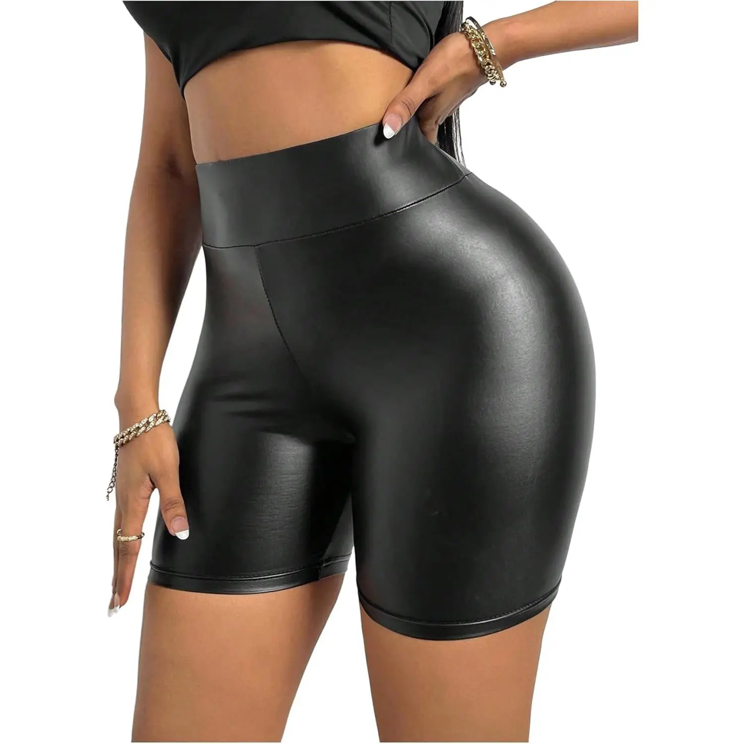WDIRARA Women's Pu Leather High Waisted Leggings Tummy Control Yoga Biker Shorts