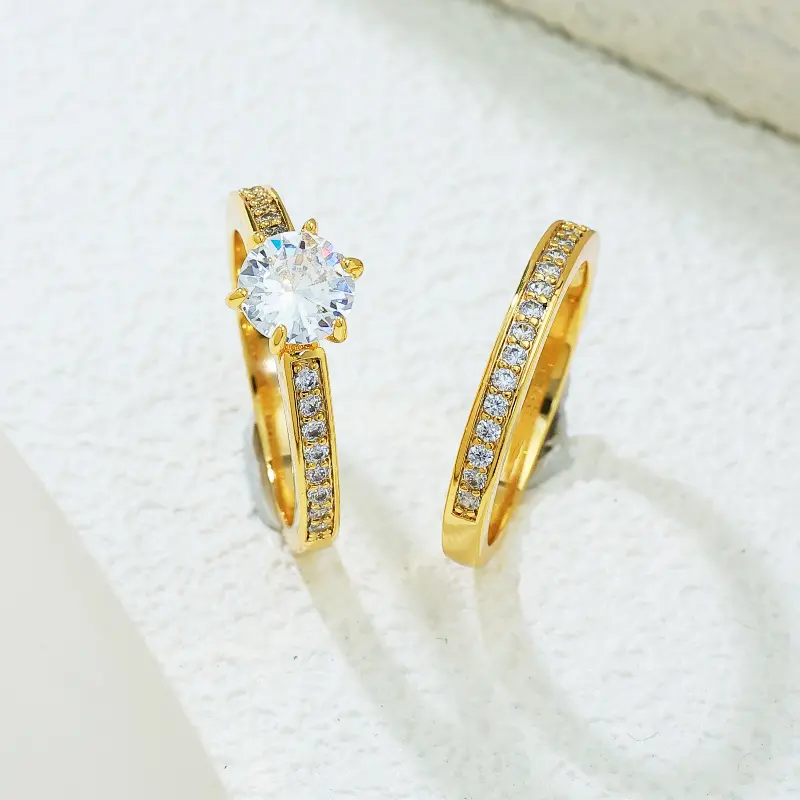 Elegant Golden-Tone Engagement & Wedding Ring Set for Women, 2-Piece Timeless Statement Band with Sparkling Accents, Bridal Jewelry Gift for Valentine's Day, Anniversaries & Special Occasions