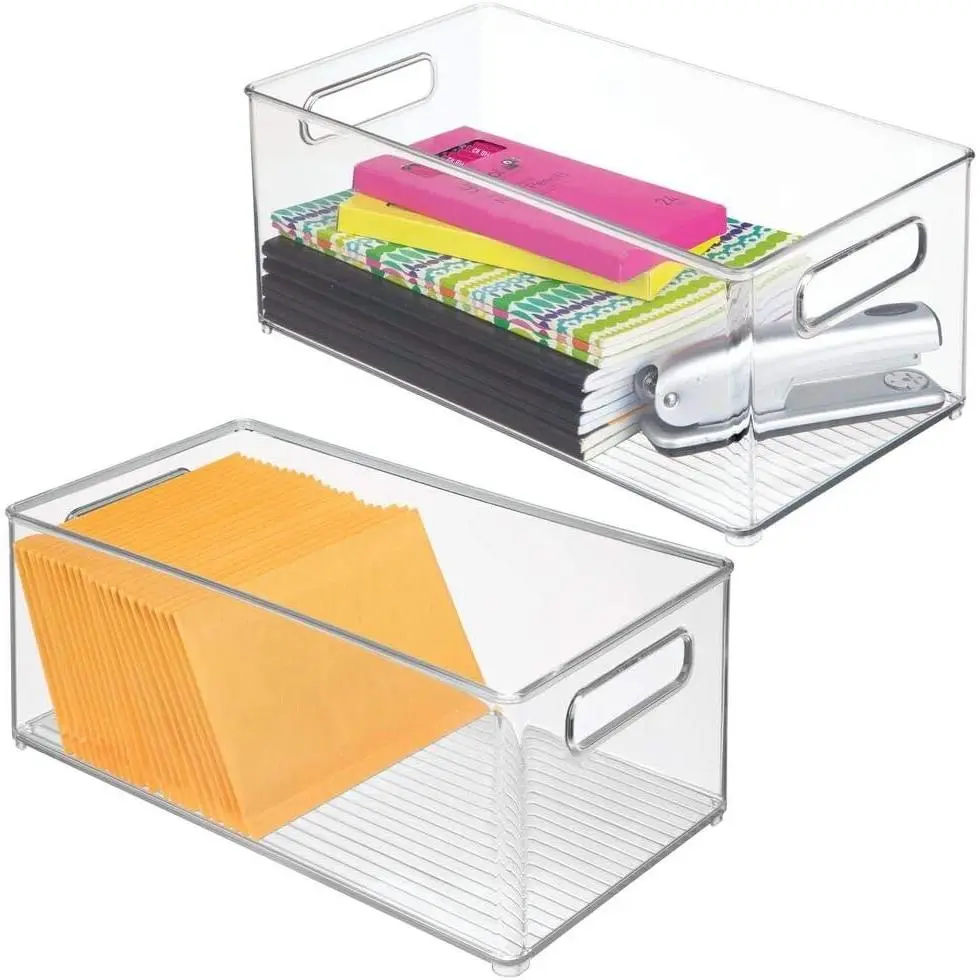 Deep Plastic Storage Organizer Container Bin, Office Organization for Filing Cabinet, Cupboard, Shelves, and Desk - Holds Notepads, Pens, Pencils, Highlighters, and Staplers - 2 Pack - Clear