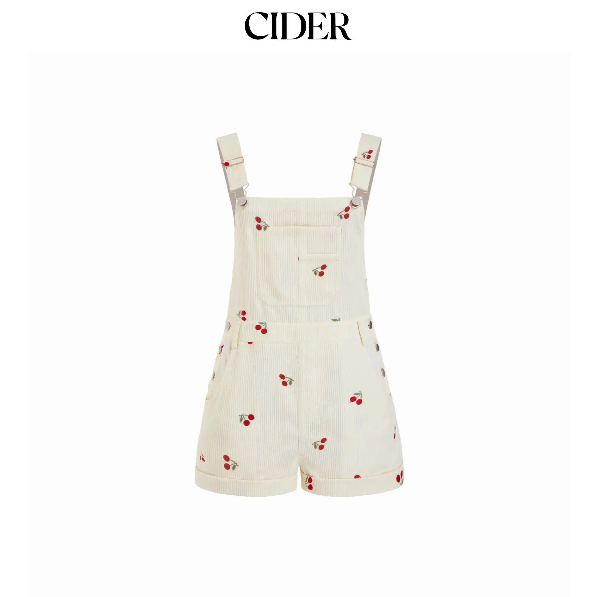 Cider Women's Corduroy Cherry Embroidery Buckle-Up Overalls Romper