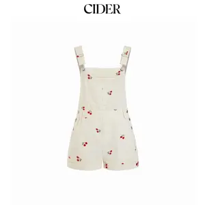 Cider Women's Corduroy Cherry Embroidery Buckle-Up Overalls Romper