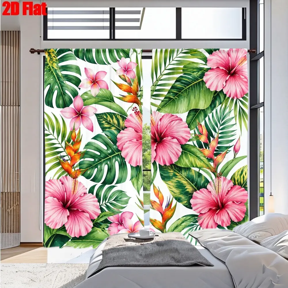 2D Flat 2Pcs Tropical Hibiscus Flower and Leaf Pattern Curtains for Bedroom Living Room Home Decor