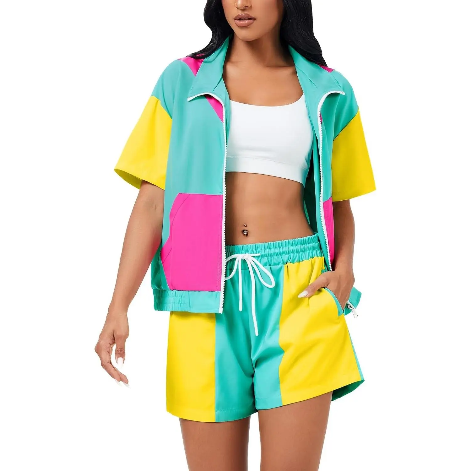Women's 80s 90s Outfit 2 Piece Short Sleeve Costume Track Suit Set, Color Block 1980s 1990s Zip Up Windbreaker & Shorts Workout Themed Party Disco Summer Outfits(Gift)