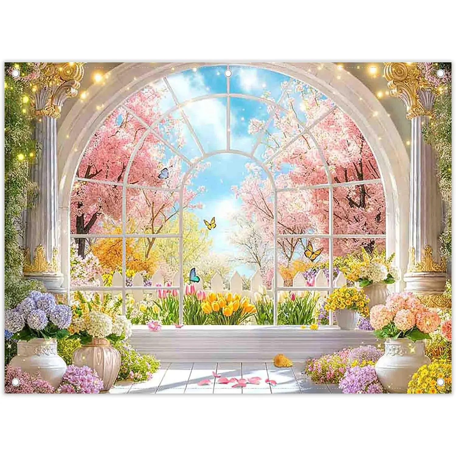 1pc Fabric Spring Window Scenery Photography Backdrop Pink Cherry Blossom Blooming Flowers Natural Garden Background Girls Women Bridal Party Decorations Photo Props
