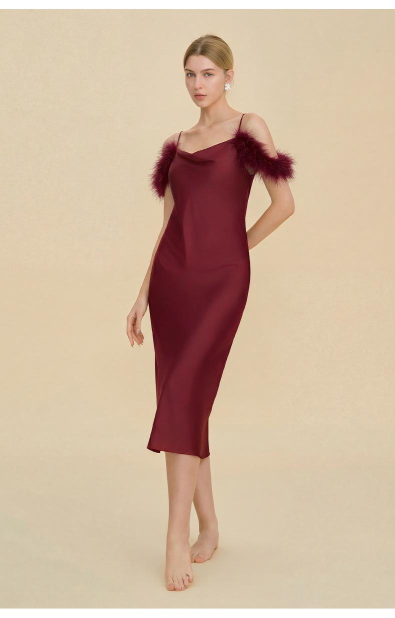 Sexy nightgown with straps, Russian cross-border one-shoulder dress, faux acetate nightgown, light luxury bridesmaid gift, strap dress, sexy off-shoulder feather-trimmed satin long dress, spicy girl style slim-fit bodycon dress Sexy nightgown with straps, Russian cross-border one-shoulder dress, faux acetate nightgown, light luxury bridesmaid gift, strap dress, sexy off-shoulder feather-trimmed satin long dress, spicy girl style slim-fit bodycon dress