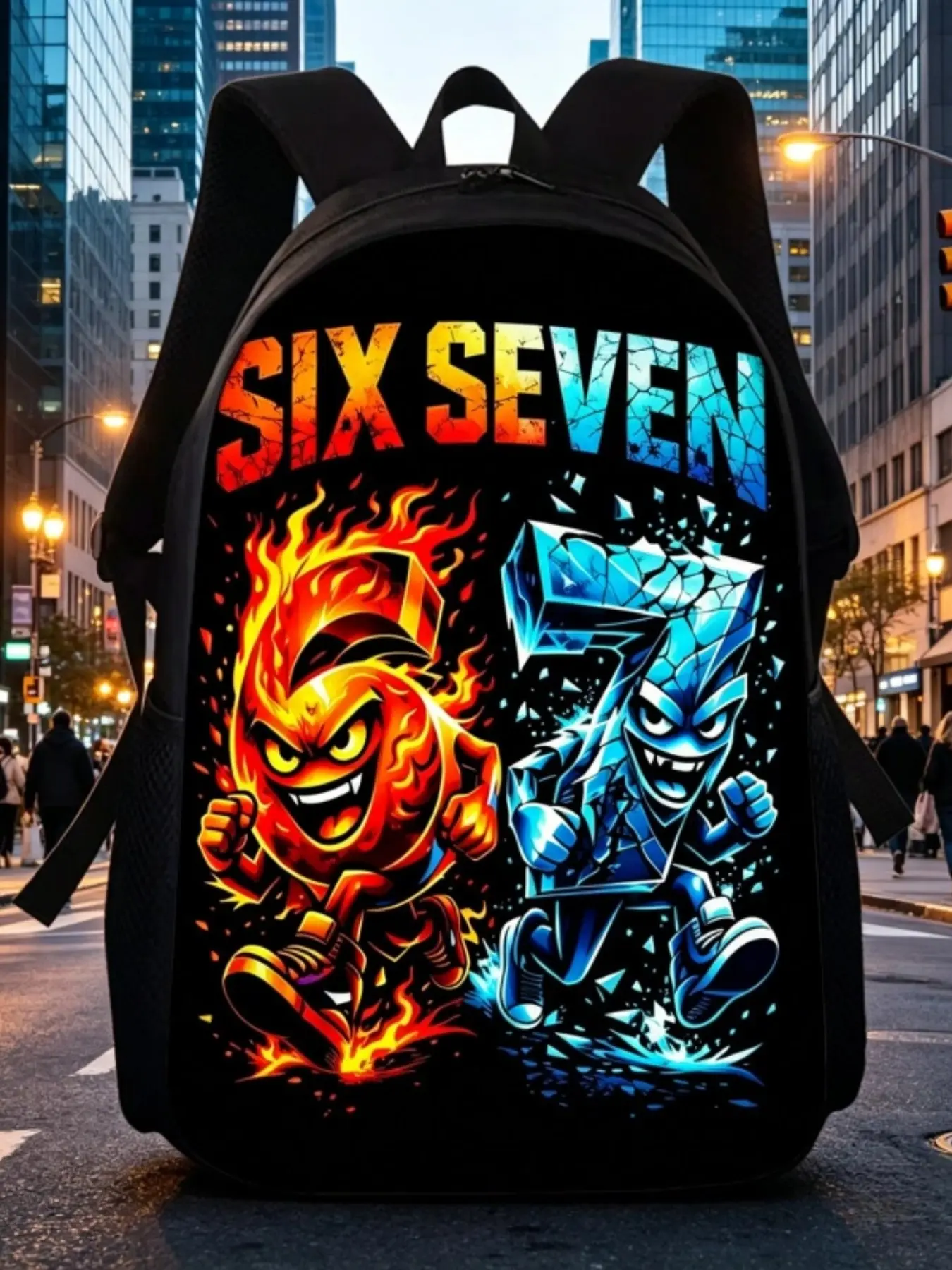 Fire & Ice Six Seven Backpack, Cool Graffiti Numbers 6 7 2D Print, Stylish Shoulder Bag, Trendy Design for Daily Use, Fashion Backpack