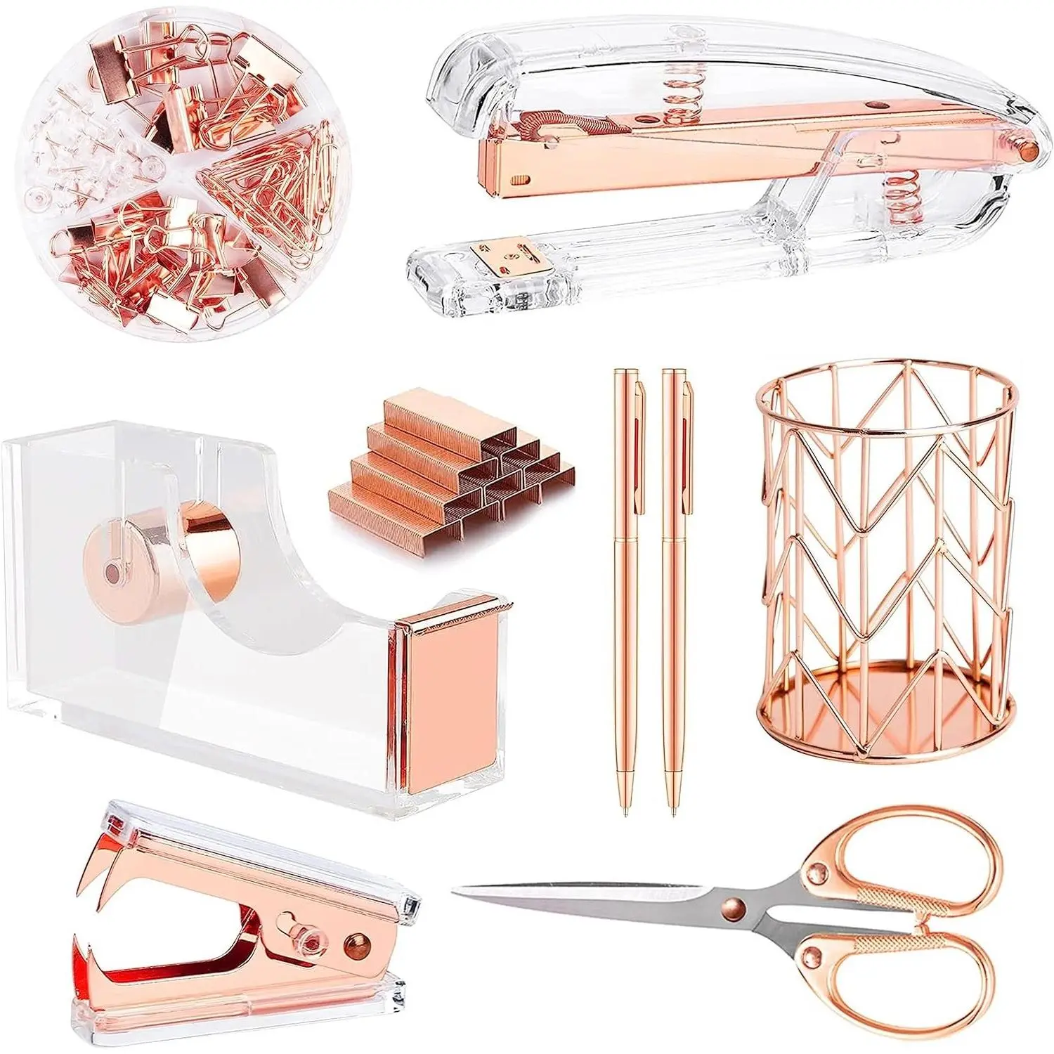 Rose Gold Desk Accessories Set, Acrylic Stapler with Staple Remover, Tape Holder, 2 Ballpoint Pens, Scissors, Binder/Paper Clips and 1000 Staples.Gift