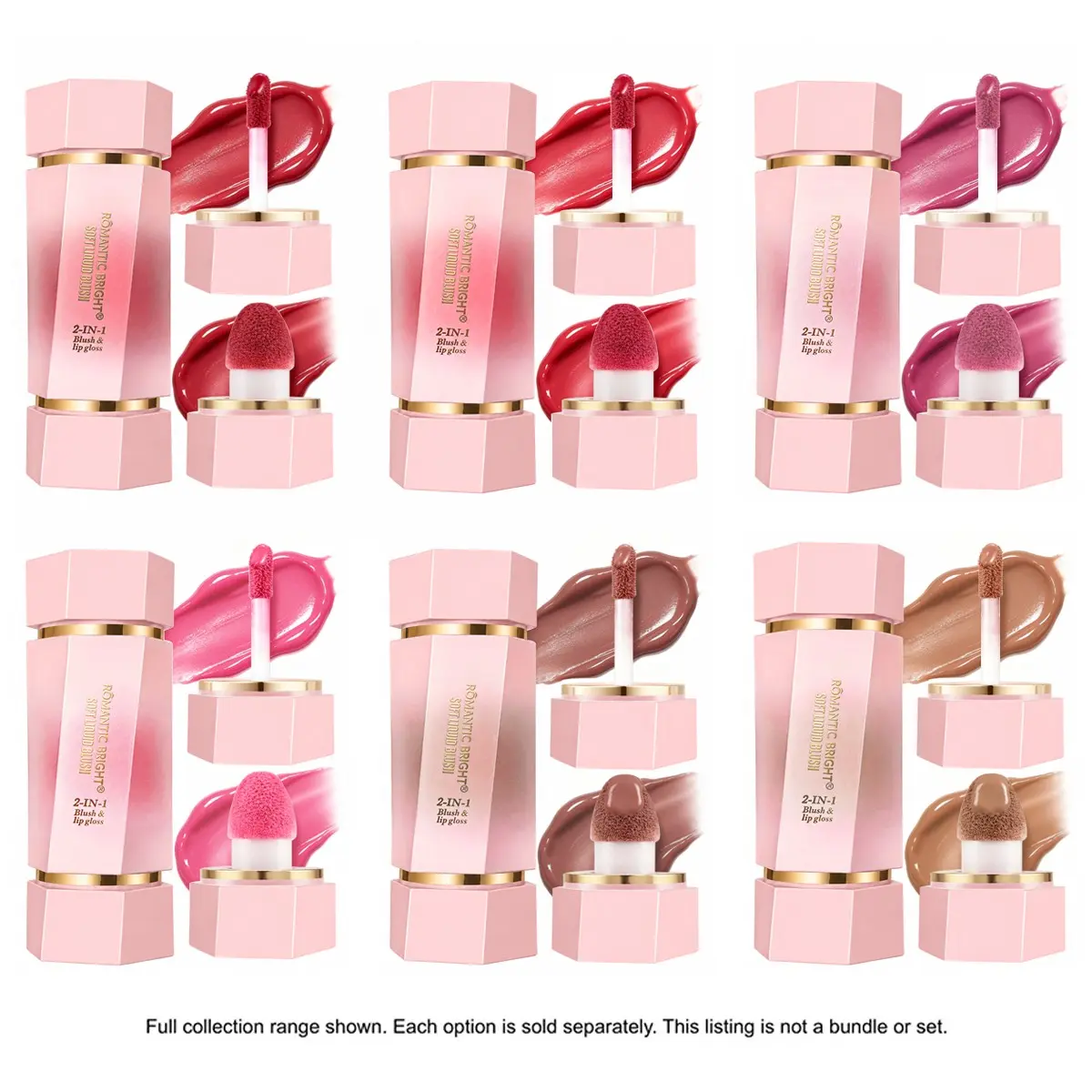 2-in-1 Dual Applicator Liquid Lip Gloss & Blush, Multi-Use Lip Cheek Tint Long Lasting Hydrating 6 Shades for Daily Makeup