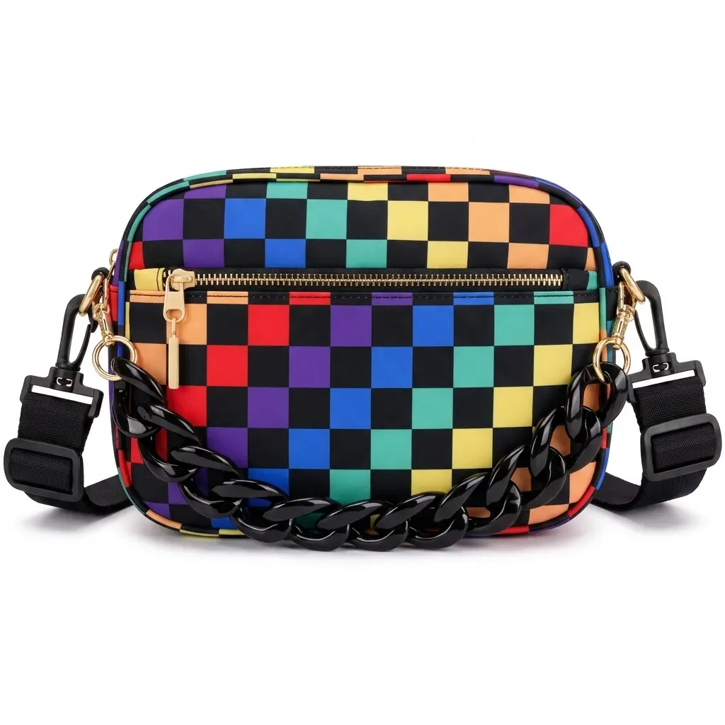 Chain With Wide Strap Bag Wallet Women's Small Checkered Crossbody Bag - Compact Everyday Shoulder Bag with Wide Strap, Chain and Wallet Functionality (Ideal for Daily Use)