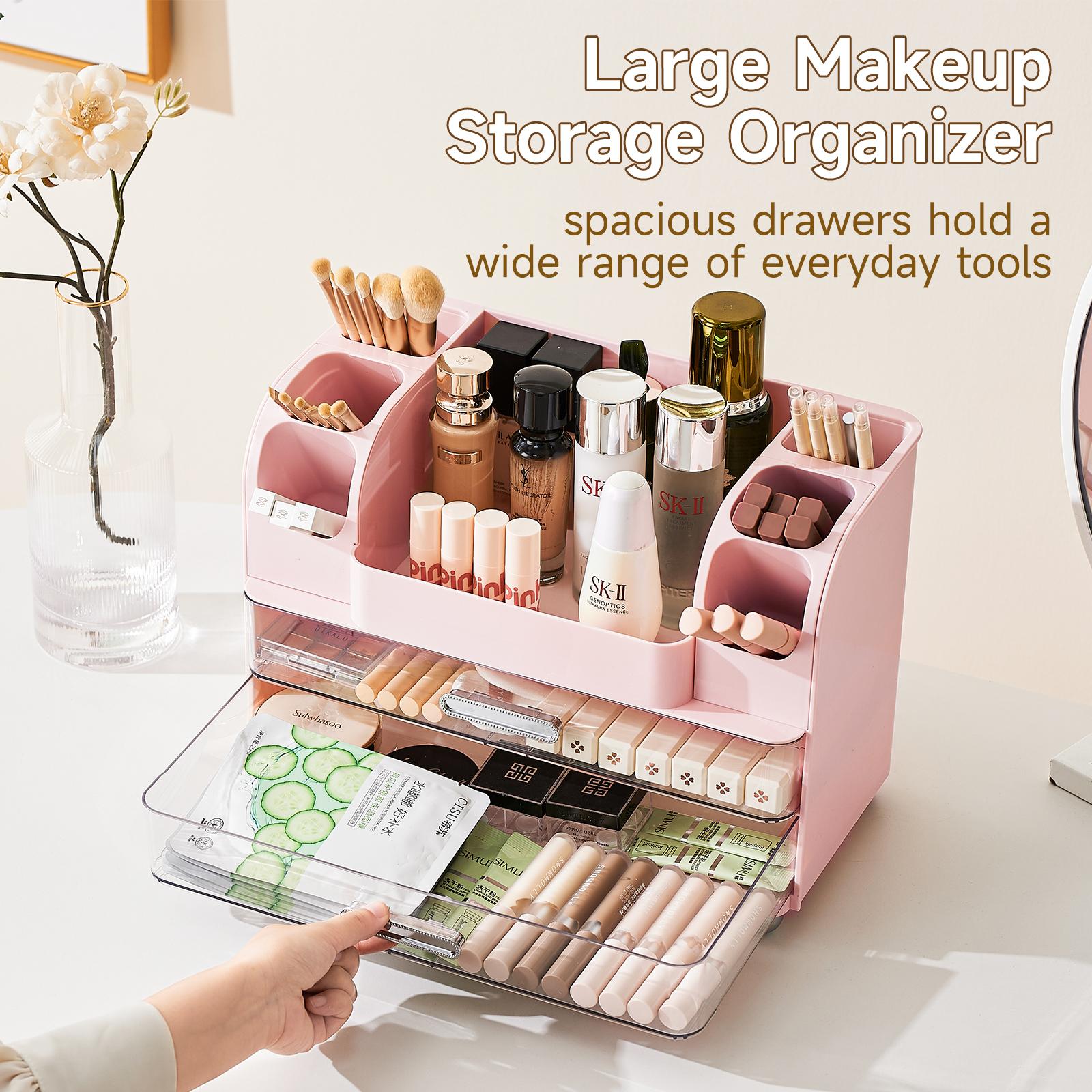 makeup organizer for Vanity with 2 Large Drawers, Cosmetic Display Case with Brush Holders, Easy to Storage for Bathroom Countertop Skincare, Desk Office Supplies,Pink Boxes Gift, jewelry organizer