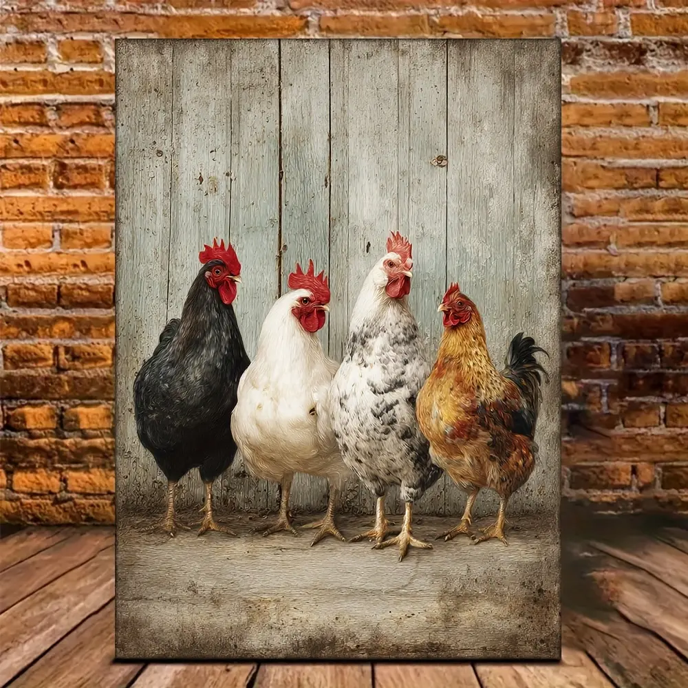 2D Flat, 1Pc Vintage Farmhouse Rooster Canvas Poster, perfect for rustic farmhouse decor, featuring a rustic hen illustration, home decor gift, holiday gift, beautiful home gift, suitable for bedroom, living room, bathroom, and kitchen wall decoration