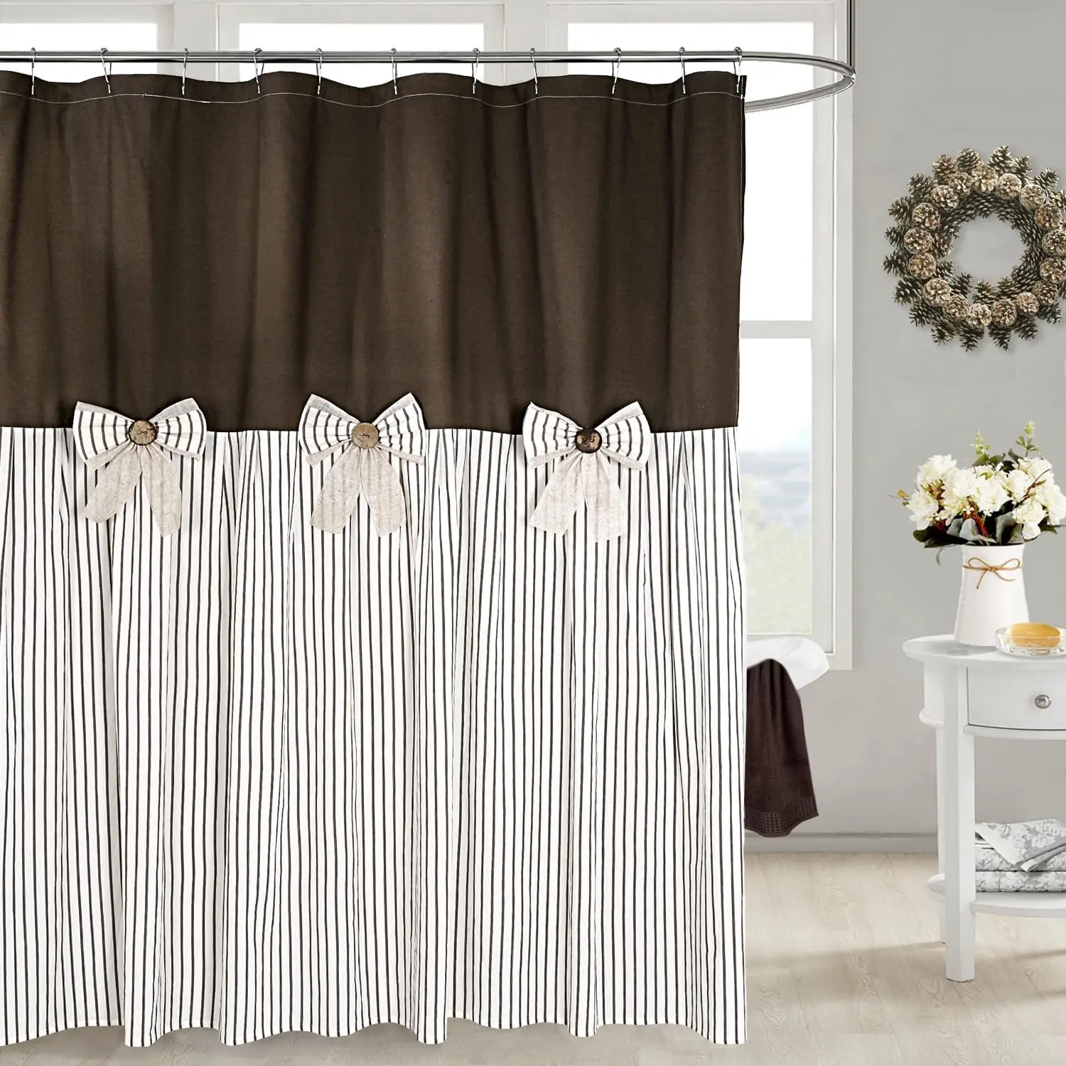 Farmhouse Brown Pleated Stripe Cotton Blend Fabric Curtain with Pleated Bow, Woven-Cotton Material, Handmade Aesthetic, Country Style, 72x72 in Bathroom Shower Curtain