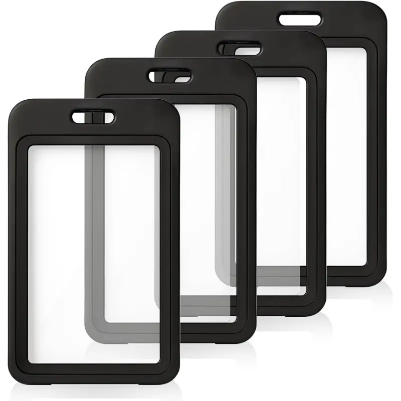 4-Pack Double-Sided Vertical ID Card Holders, Id Badge Holder - Black Hard Plastic Card Protectors with Clear Window, Suitable for Office, School, Access Cards, and Credit Cards