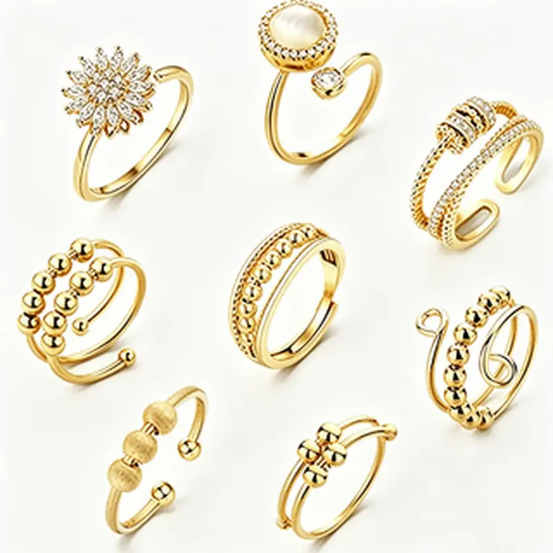 8pcs Golden Tone Plated Spinner Rings - Adjustable Open Stackable Rings with Sunflower, Butterfly Bead, Evil Eye Designs - Dainty Unisex Wear for Everyday Use, Party, Birthday Gift