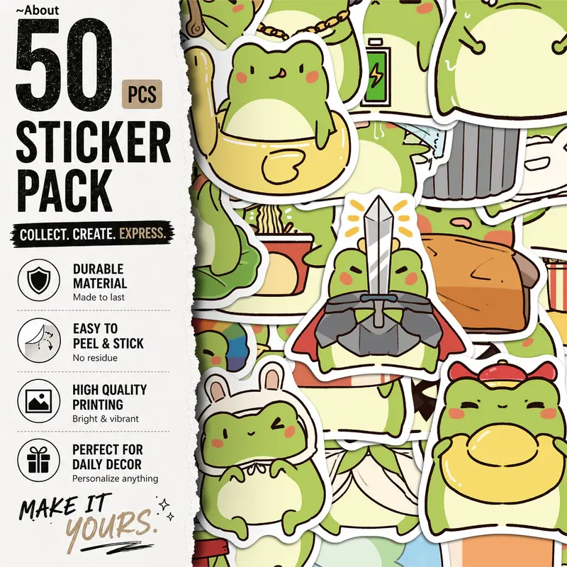 50PCS Versatile Little Frog Aesthetic Vinyl Stickers Pack for Laptop Water Bottle Phone Case Skateboard Journal Scrapbook DIY Decoration