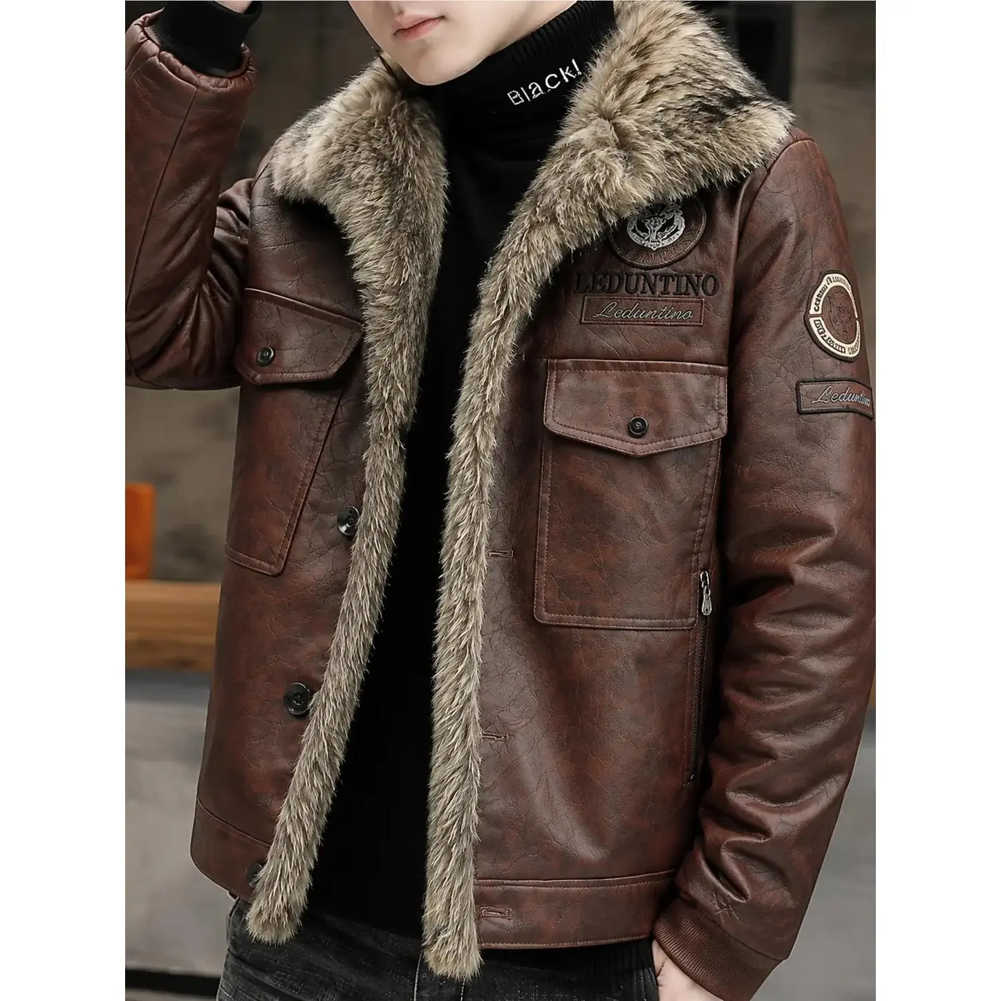 Veiskor Men’s Faux Leather Biker Jacket - Fur Collar, Vintage Retro Style, Multiple Pockets, Patched & Zipper Details, Plain, Pull On, Warm Winter Outerwear, Casual Wear, Regular Fit Everyday Motorcycle Coat