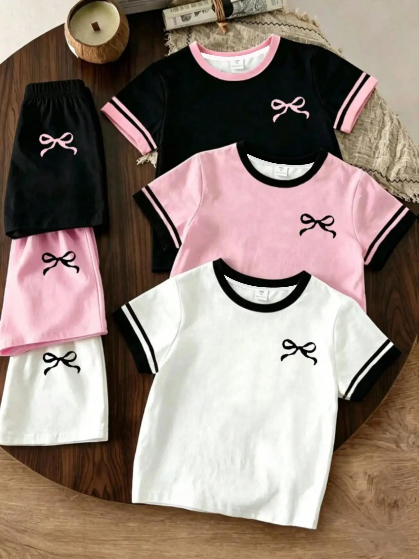 Girls' 6-Piece Summer Set, summer outfits set, Casual Comfortable Fashion Block Sleeve Bow Print Short Sleeve T-Shirt and Shorts, Party Home Sports School