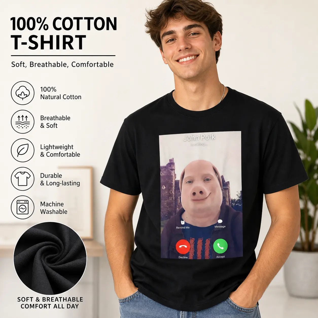 100% Cotton John Pork Is Calling Graphic T-Shirt - Unisex Casual Crew Neck Casual Tops, Funny Print Laugh-Worthy Tee, Multi-Size Party Birthday Automotive Cute Sport & Outdoor Sports Top