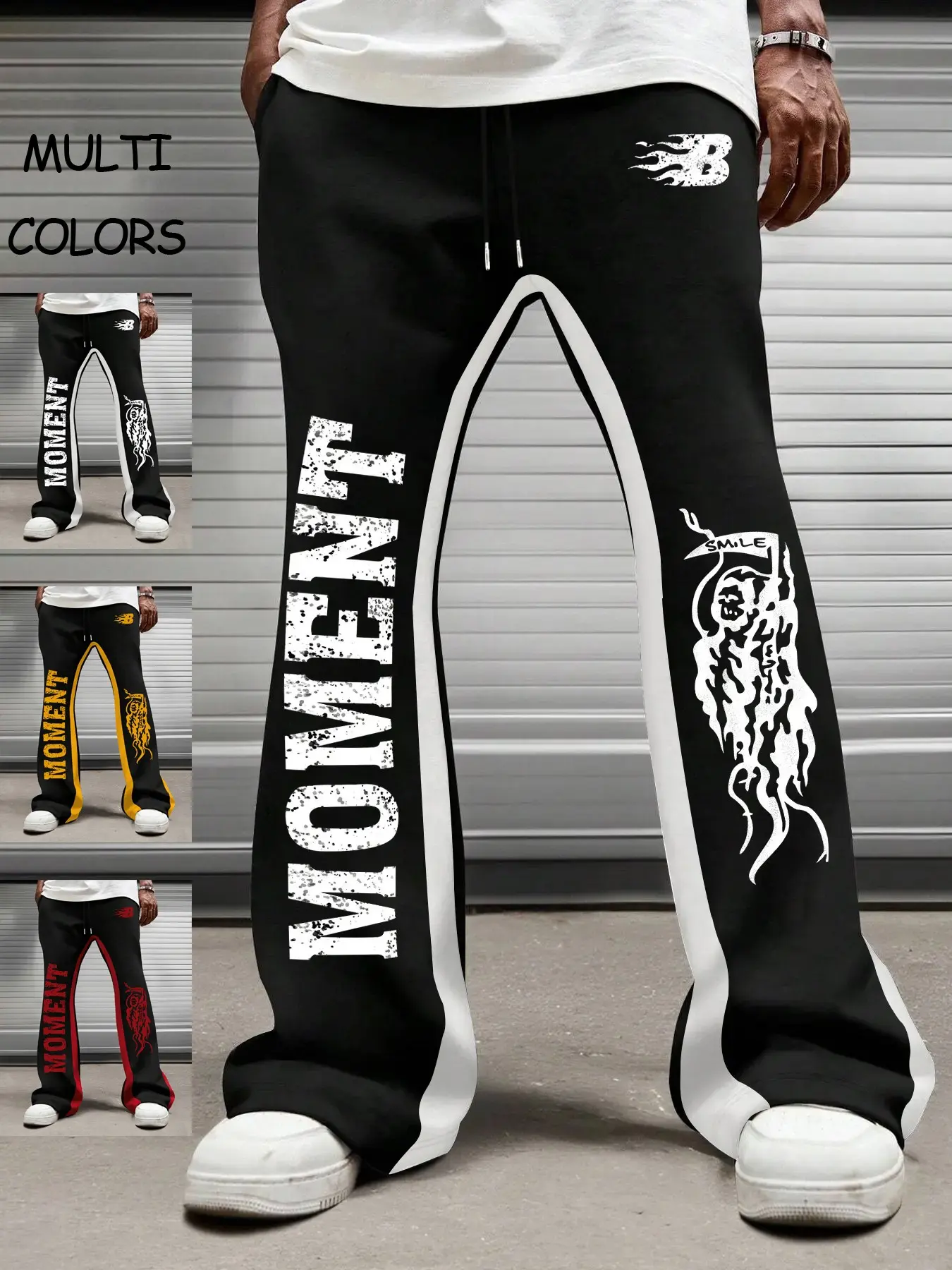 Men's Vintage Moment Letter Micro Flare Sweatpants, Skull Flame Print, Colorblock Side Stripes, Drawstring Waist, Casual Streetwear, Multiple Colors