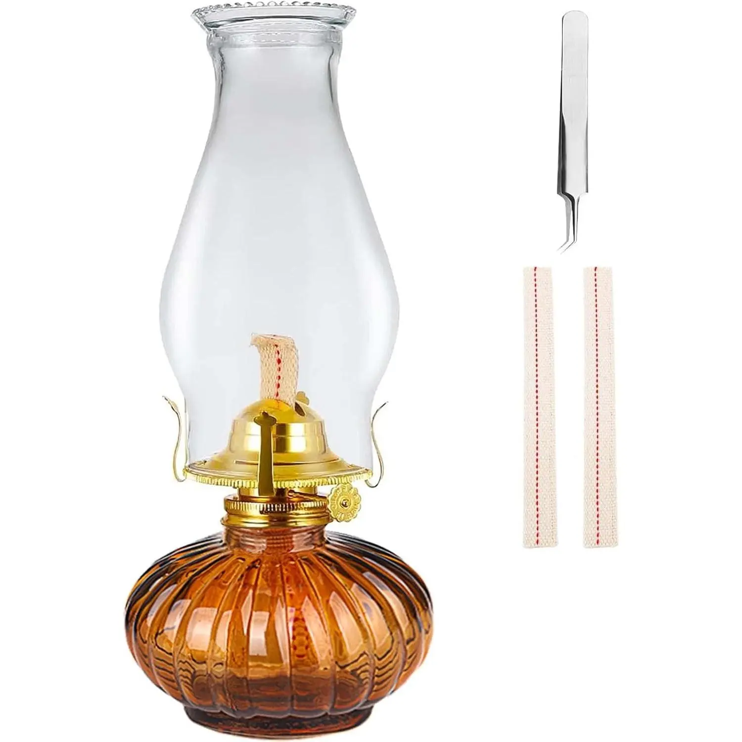 Large Rustic Brown Glass Hurricane Oil Kerosene Lamp for Indoor Home Emergency Lighting with 2 Wicks and 1 Tweezers