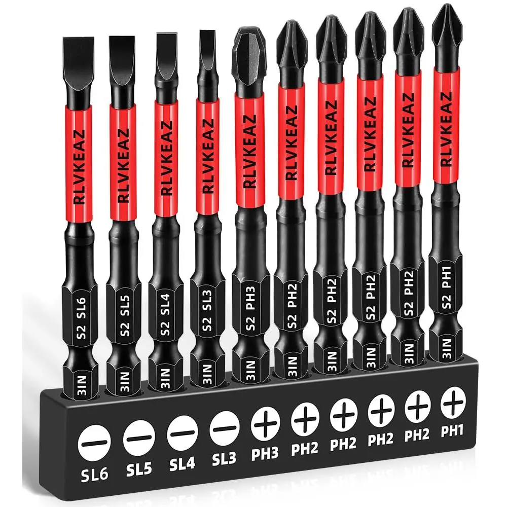 10-Pieces Slotted Screwdriver Bit Set, 3-Inch Long, #1/#2/#3 Heads, S2 Material, CNC Tips, 1/4-Inch Hex Shank for Power Drivers, Slotted Bits
