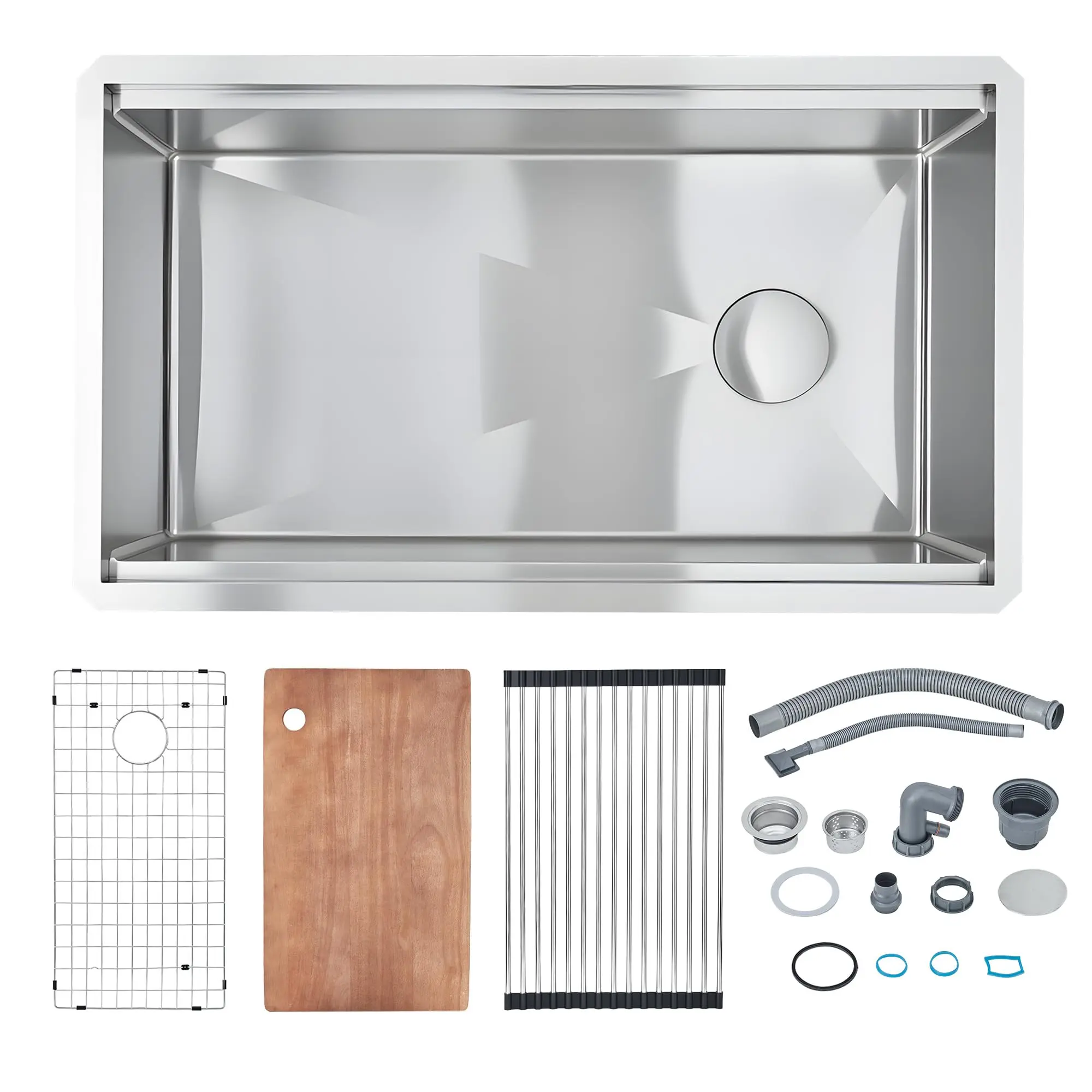 Deluxe Workstation Undermount Kitchen Basin – Single Bowl Stainless Steel – Deep Basin with Cutting Board, Drying Rack, Mesh Drain Cover, Modern Kitchen Accessory
