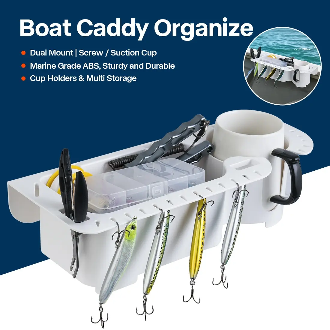 Marine-Grade Abs Fishing Gear Storage Box with Large Capacity and Open Design, Includes Cup Holder Multiple Tool Slots and Dual Mounting Options for Boat, Yacht, Kayak, and Outdoor Fishing Enthusiasts