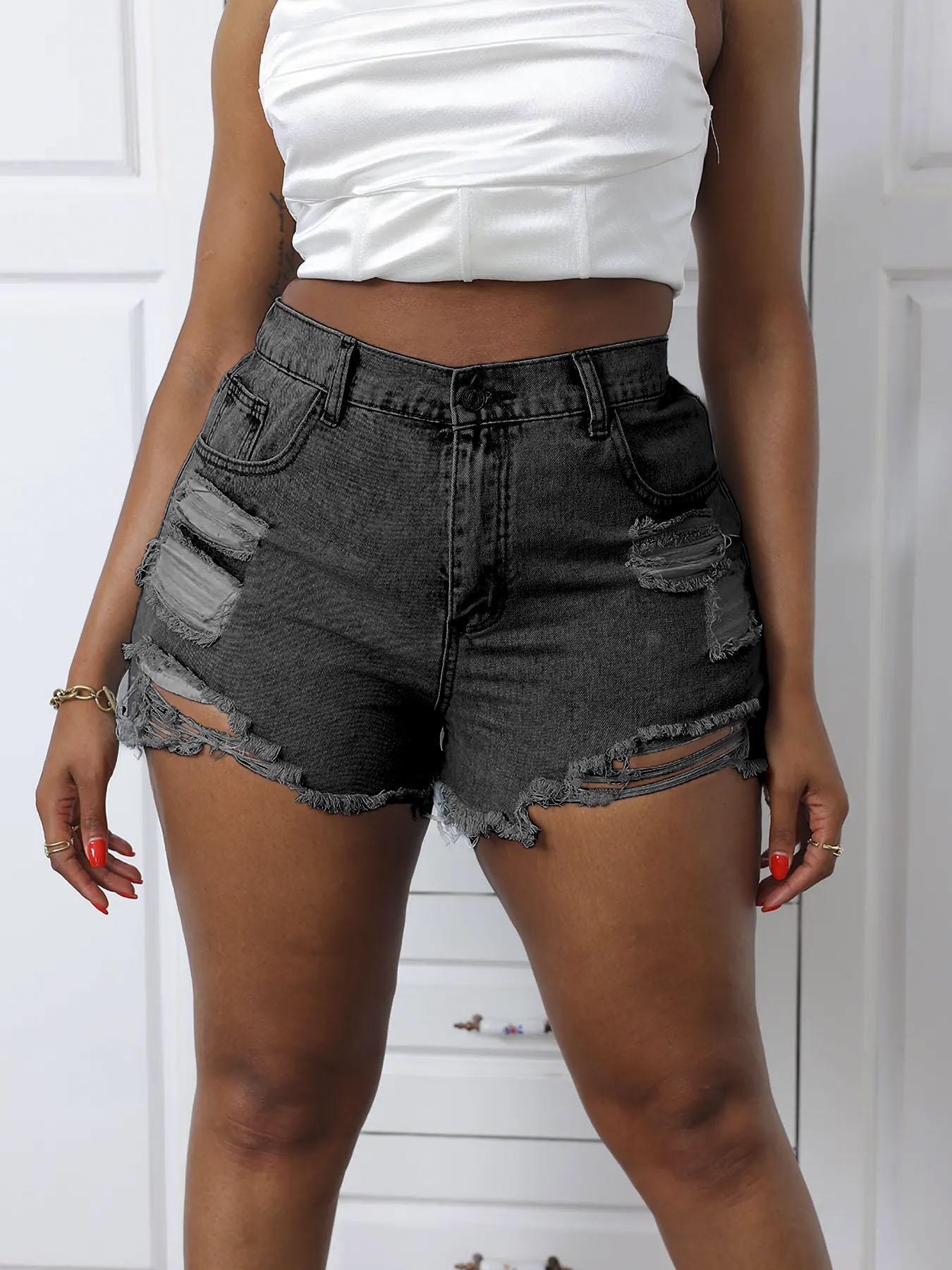 Plus Size Jeans Ripped High Waist Fitted Button Denim Shorts, Fashion Casual Pocket Shorts for Daily Outdoor Wear, Women Plus Size Jeanshort for Summer