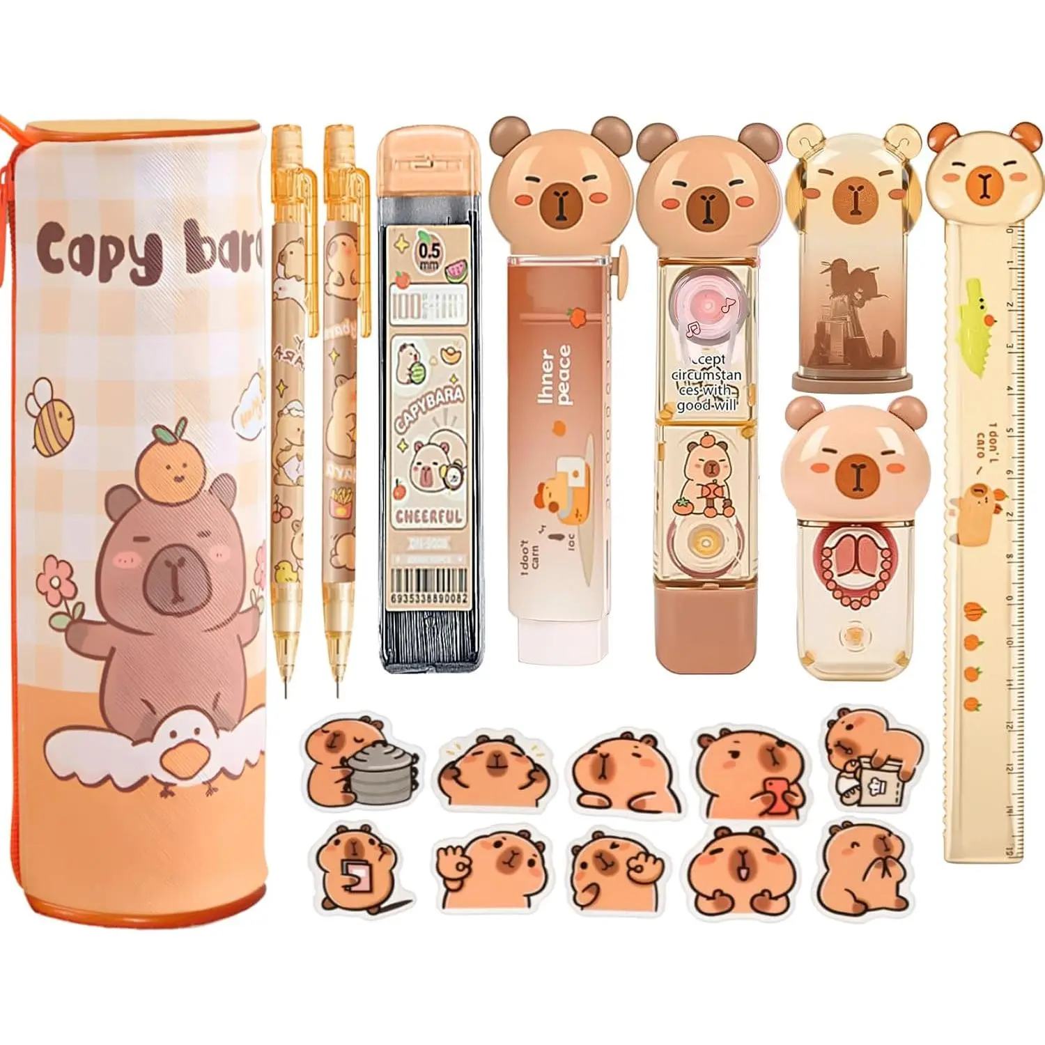 Capybara Stationery Set,Cute Capybara School Supplies,Kawaii  Stationery Christmas Birthday GIFS, Includes Pencil Sharpener,Eraser,Correction Tape,Ruler,Stickers,for Office School Supplies