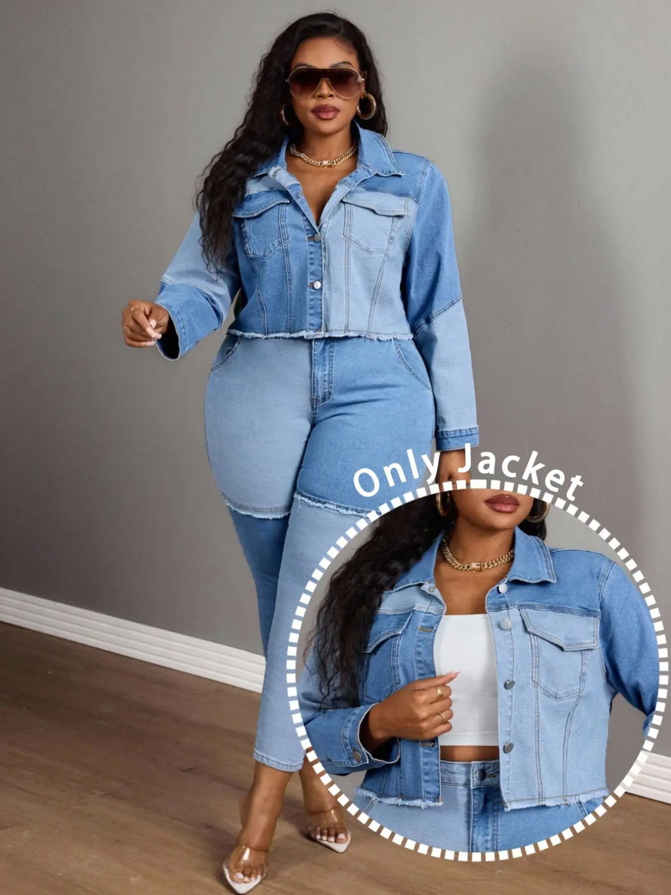 Plus Size Women's Colorblock Washed Denim Long Sleeve Jacket, Casual Fashion Outerwear, Comfortable and Stylish, Perfect for Daily Wear, Coats